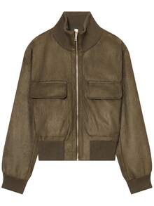 Women's Autumn Vintage Brown Faux Suede Short Jacket, Zipper Flight Jacket, Street Style Motorcycle Casual Top - Olive Green - View 4
