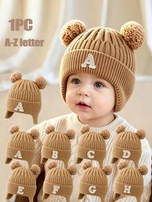 1pc A-Z Letter Kids Knitted Earflap Pom Pom Hat, Thin Warm, Solid Color Versatile, Suitable For Spring, Autumn And Winter - Khaki - View 1