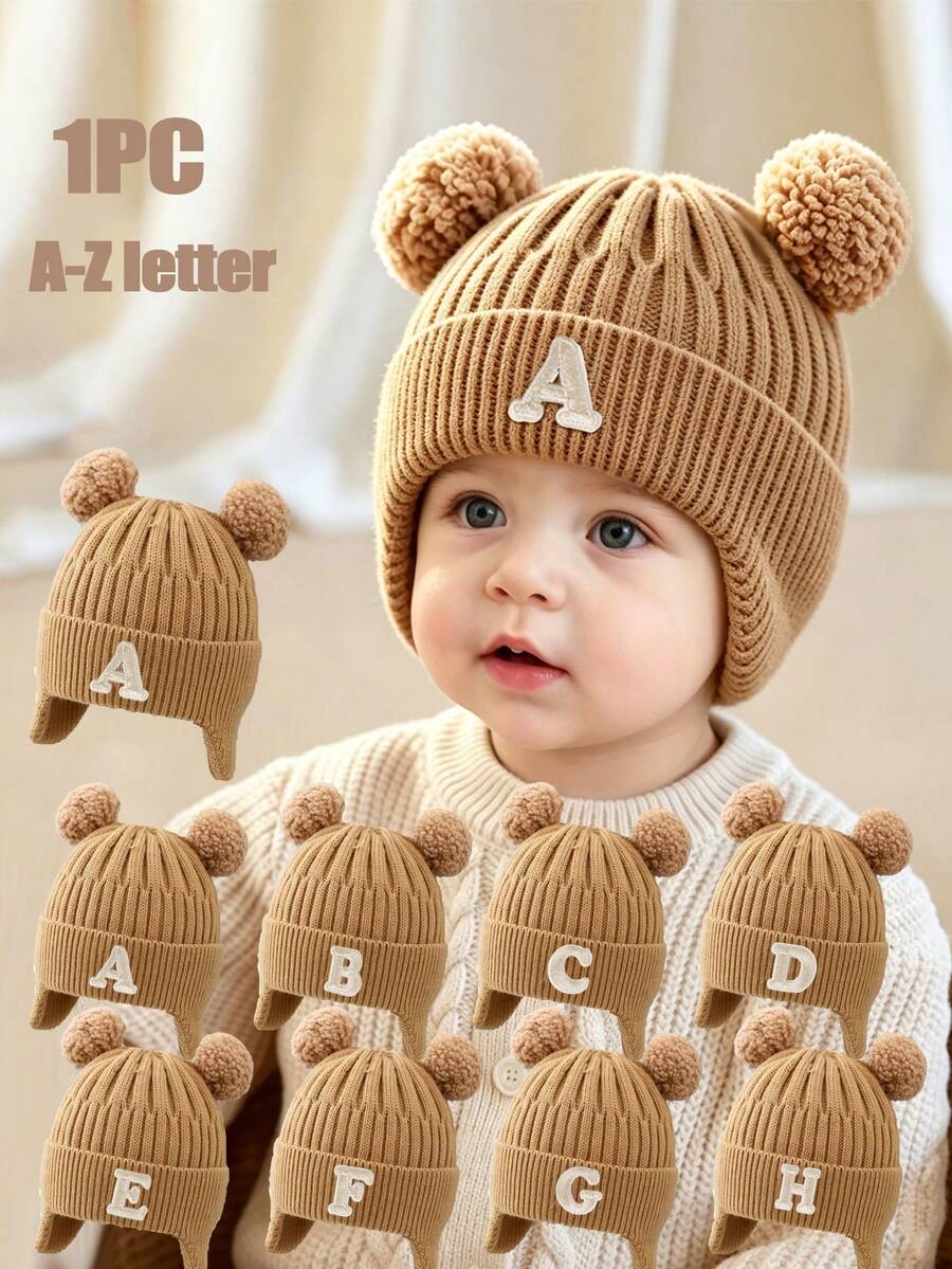 1pc A-Z Letter Kids Knitted Earflap Pom Pom Hat, Thin Warm, Solid Color Versatile, Suitable For Spring, Autumn And Winter - Khaki - View 1