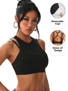 Women's Solid Color Removable Padded Crew Neck Mesh Patchwork Criss-Cross Sports Knit Bra - Black - View 1