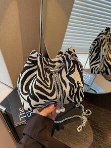 Zebra Stripe Drawstring Mini Bucket Bag For Women, Vintage Leopard Print Metal Chain Crossbody Small Bag, Drawstring Closure With Beaded Decoration, Casual Travel Party Handbag - Black - View 7