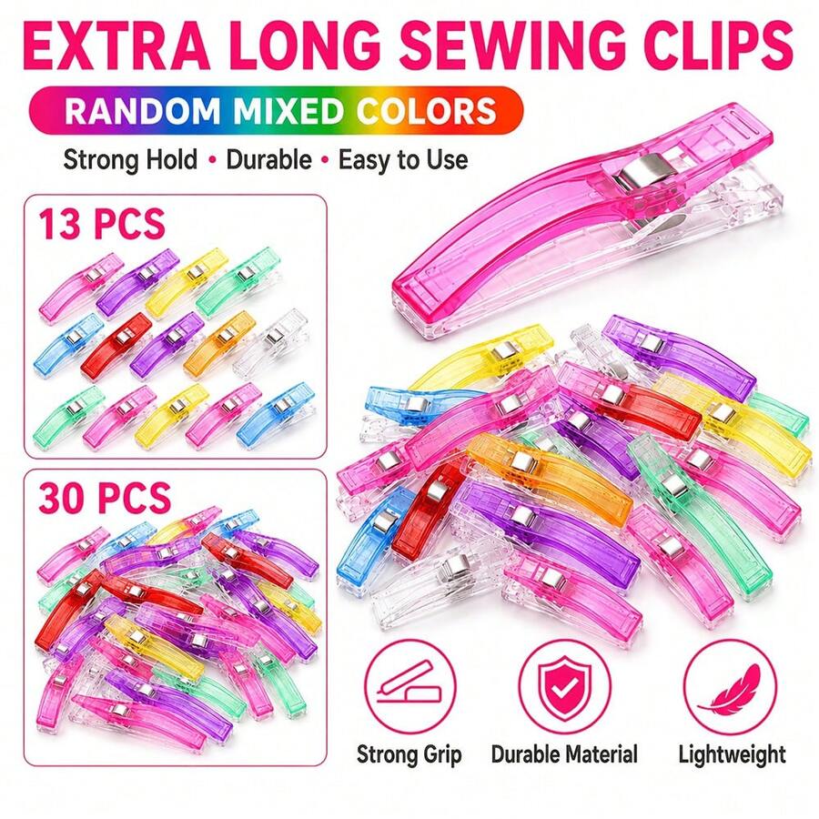 13pcs Random Color Transparent Colorful Long Sewing Clips, Strong Spring Fabric Clips, Patchwork Positioning Clips, Quilting Binding Clips, DIY Sewing Supplies - A - View 1