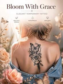 Floral Butterfly Temporary Tattoo For Women, Black Rose & Butterfly Tattoo Sticker, Waterproof Elegant Body Art For Back, Shoulder, Thigh, Parties, Festivals, Vacations & Everyday Style - Multicolor - View 2