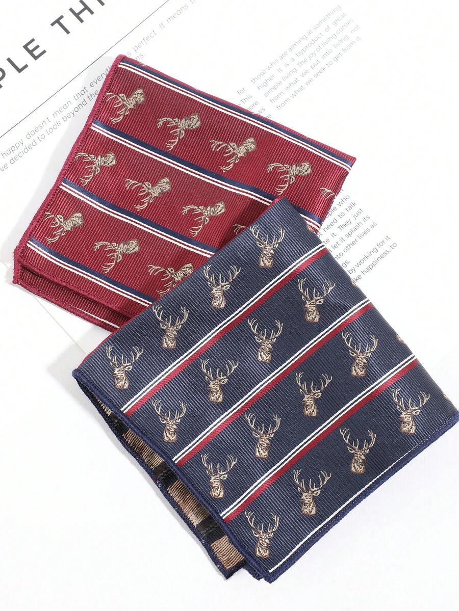1PC Vintage British Style Reindeer Head Striped Jacquard Pocket Square, Business Commute Wedding Suit Men's Decorative Accessory - Multicolor - View 1