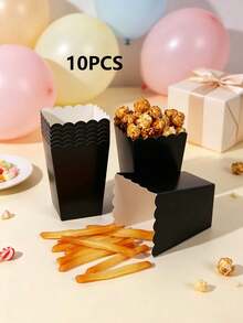 1/10/20PCS Solid Black Paper Popcorn & Fries Containers, Scallop Wave Edge Foldable Disposable Snack Boxes, Party Favor Box For Picnic, Movie Night, Outdoor Holiday Decor - View 10