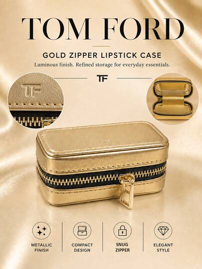Tom Ford TF Gold Zipper Lipstick Case, 8.5*4cm, Single Piece, Metal Texture, Compact And Portable, For Daily Touch-Ups And Travel, Stores Lipstick And Small Makeup