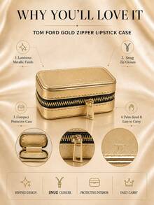 Tom Ford حافظة أحمر شفاه بسحاب باللون الذهبي من TF، مقاس 8.5*4 سم، قطعة واحدة، معدنية الملمس، صغيرة ومحمولة، مناسبة لإعادة وضع المكياج اليومي والسفر، لتخزين أحمر الشفاه ومستحضرات التجميل الصغيرة - الذهبي - مشاهدة 5