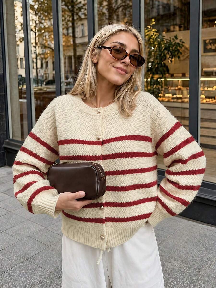 Women's Round Neck Ribbed Stripes Long Sleeves Cardigan Style Office Daily Commuting Wear Seasonal Fashion Casual Outings Knitted Sweater, Fall Winter - Multicolor - View 1