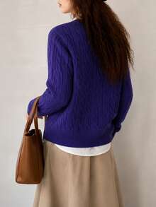 Vintage Preppy Style Women's Pullover Knit Sweater, Long Sleeve Regular Fit Knit Top, Slightly Elastic - Purple - View 2