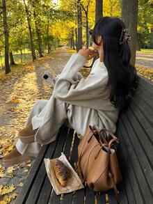 Women's Autumn/Winter Warm Ribbed Knit Hoodie Set, Loose Fit Pullover Hoodie With Drawstring Wide Leg Pants, Medium Stretch - Khaki - View 5