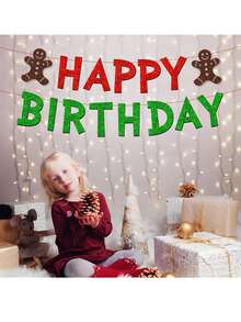 Christmas-Themed Happy Birthday Banner, Red And Green Glittery Birthday Flags With Gingerbread Man Pennants, Winter Birthday Party Christmas-Style Decorations - View 1