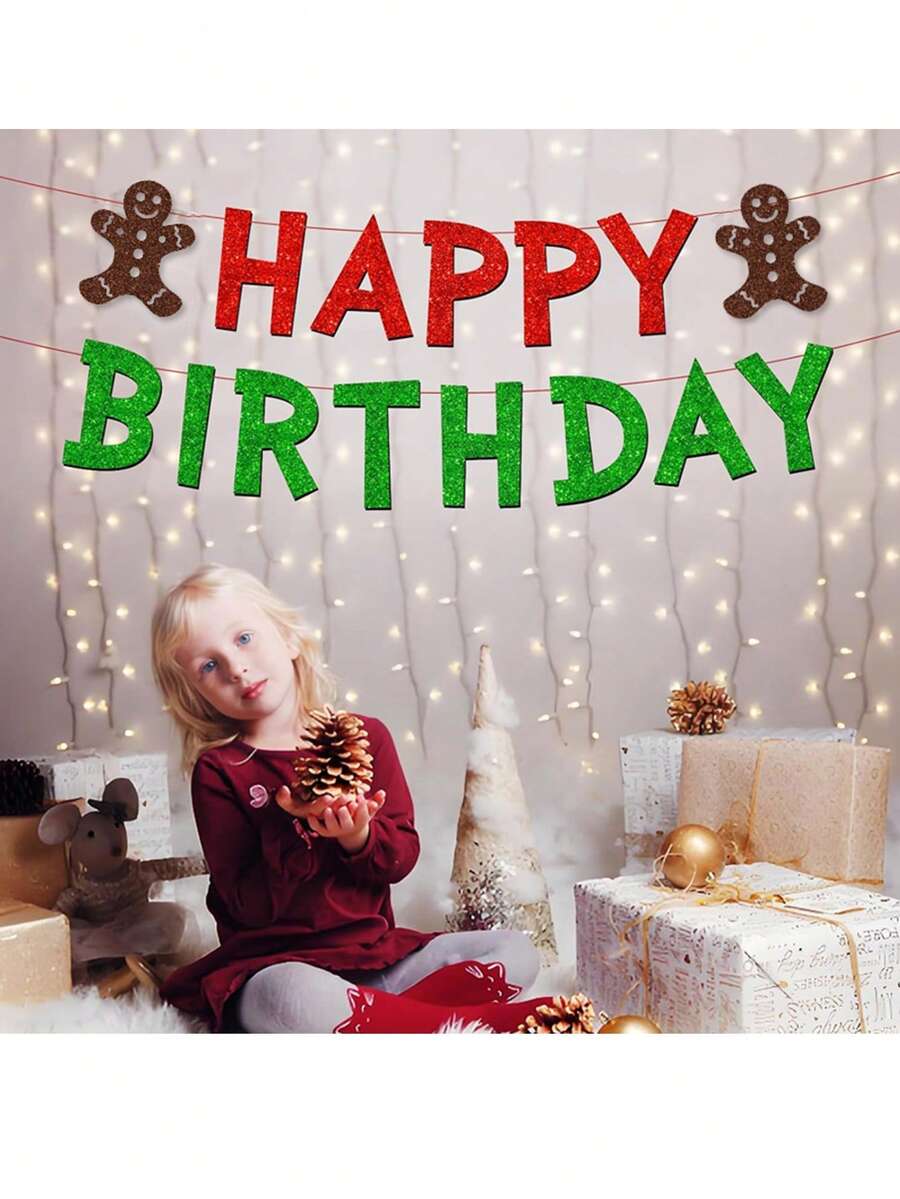 Christmas-Themed Happy Birthday Banner, Red And Green Glittery Birthday Flags With Gingerbread Man Pennants, Winter Birthday Party Christmas-Style Decorations - View 1