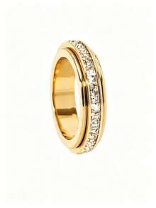 1pc Stainless Steel Rotating Double Ring Square Zirconia Lucky Spinner Ring - Gold - View 6