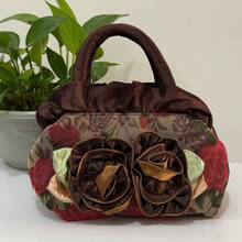 Women Elegant Floral Satin Small Handbag, 3D Flower Ruffle Trim Top Handle Mini Tote Bag Daily Makeup Purse - Multicolor - View 10
