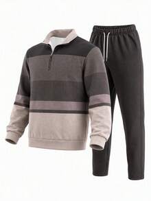 Men's Autumn/Winter Thickened Zip-Up Half-Placket Long Sleeve Sweatshirt And Casual Long Pants Set - Multicolor - View 4