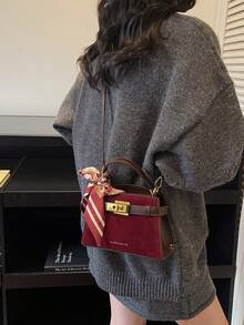 Dedoo 波爾多紅正方形女款手提包，幾何圍巾裝飾天鵝絨拼接PU皮革，金屬鎖扣附圍巾配件，復古奢華風格女士禮品 - 酒紅色 - 查看 5