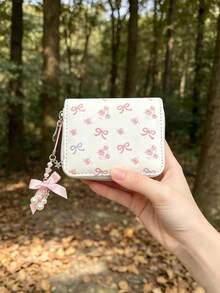 Dompet Kartu/Koin Pendek Motif Polkadot dengan Pita untuk Wanita, Dompet Kecil Portabel Gaya Feminin yang Lucu untuk Pelajar - Putih - View 3