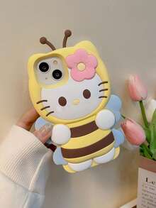 SANRIO Casing Ponsel Silikon Kartun Kucing Bee KT Motif Bunga 3D Kompatibel dengan iPhone 17 Pro Max, 11, 13, 14, 16 - Kuning - View 3