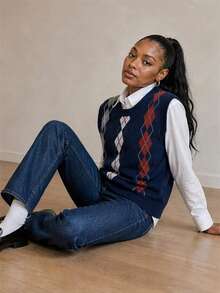 Vertical Striped Multicolor Argyle Jacquard Round Neck Loose Knit Vest Fall - Navy Blue - View 5