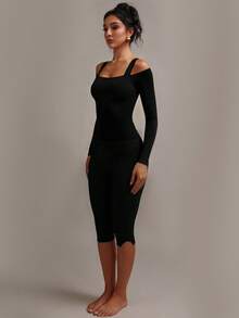 XLLAIS Women's Solid Color Raglan Long Sleeve Fitted Casual Versatile T-Shirt - Black - View 9