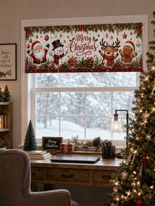 1pc Red White Christmas Friends Window Valance With Santa Snowman Reindeer & Gingerbread, Nostalgic Retro Polyester Rectangle Rod Pocket Top Short Curtain, Festive Xmas Window Decoration For Kitchen, Family Party, Winter Holiday Home - Multicolor - View 10