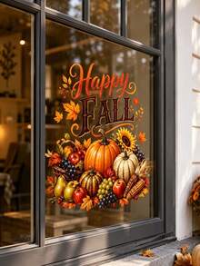 1pc Happy Harvest Pumpkin Window Sticker, Glue-Free PVC Static Cling, Creative Aesthetic, Autumn Window Decal With Sunflower, Maple Leaf And Fruit Patterns, Removable Thanksgiving Home Decor, Autumn Atmosphere Art Window Sticker - Multicolor - View 4