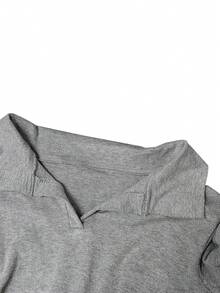 Minimalist Sexy Style Small V-Neck Polo Collar Split Sleeve Cinched Waist Hip-Covering Long Sleeve All-Match Top For Women, Spring/Autumn New Arrival, Versatile For Daily Wear - Grey - View 6
