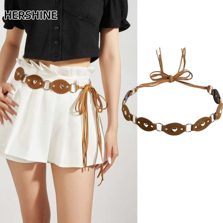 Hershine 1pc Vintage Bohemian Heart Studded Patchwork Lace-Up Belt, Faux Suede Brown Strap, Metal Ring Connected Heart Studs Decor, Tassel Tie End With Adjustable Length, Metal Heart Studs And Ring Patchwork Structure, Long Tassel Lace-Up For Free Knotting, Waist-Shaping, Full Of Atmosphere, Suitable For Spring/Summer Vacation, Dress Matching Accessory - Brown - View 1