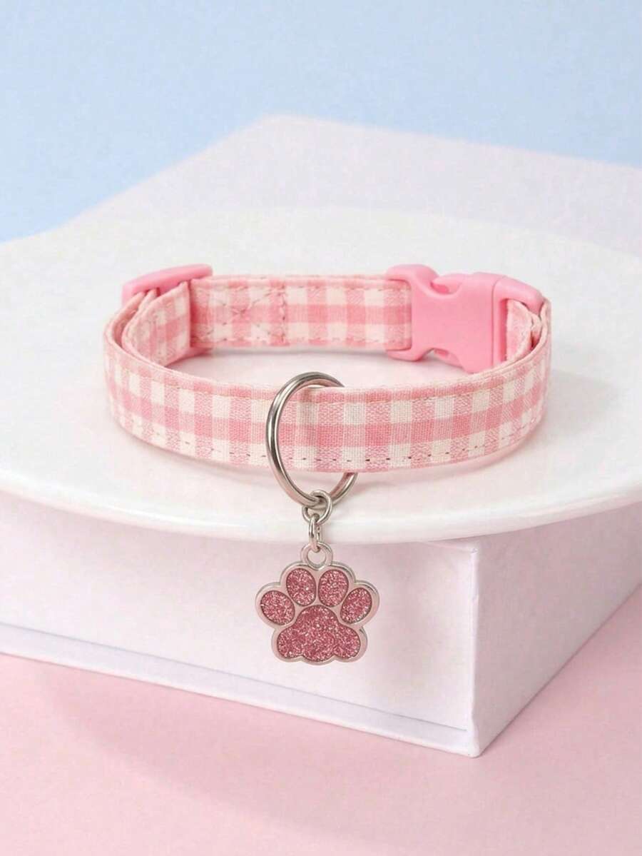 Pink Plaid Polyester Pet Collar, Suitable For Small Cats And Dogs For Year-Round Wear, Indoor Or Outdoor Use, Slim Hook Design With Cat Paw Pendant (Not Suitable For Large Dogs)