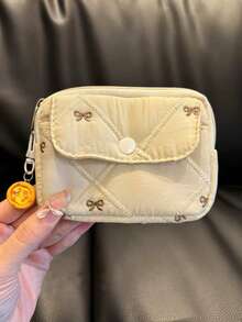 日韓風小眾雙層可愛刺繡蝴蝶結卡夾零錢包 小收納包 清新便攜高顏值收納袋 - 杏色 - 查看 6
