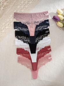 Women's Lace Thong Panties 6-Pack, Low Waist Scalloped Semi-Sheer Soft Comfortable Multi-Color Assorted Underwear - Multicolor - View 5