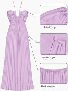 Women's Light Purple Pleated Spaghetti Strap Dress, Ruched Bust Open Back Flowy Summer Dress Elegant - Mauve Purple - View 6