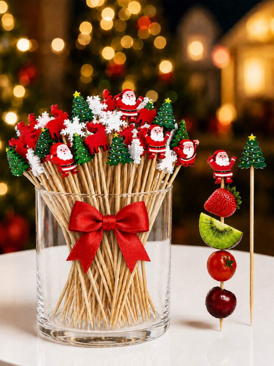 Christmas Food Picks, Santa Claus Reindeer Snowflake Christmas Tree Bamboo Cocktail Picks, Decorative Appetizer Skewers, Suitable For Fruit, Cupcakes, Desserts, Charcuterie Platters, Holiday Party Table Decor And Christmas Party Supplies - Christmas Bamboo Skewers - View 1