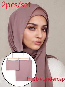 2PCS Women's Solid Color Chiffon Hijab With Matching Tube Cap Set, Comfortable Breathable Chiffon Headscarf And Premium Jersey Inner Cap, Muslim Daily Wear, Suitable For Work, Commute, Outings, Gatherings, Evening Events, Prayer, All Season - 20# Skin Powder - View 2