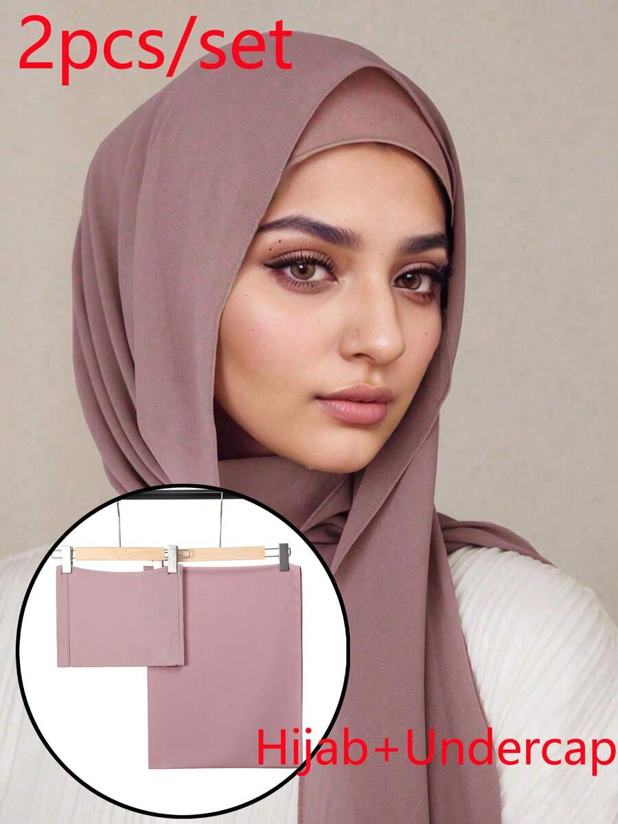 2PCS Women's Solid Color Chiffon Hijab With Matching Tube Cap Set, Comfortable Breathable Chiffon Headscarf And Premium Jersey Inner Cap, Muslim Daily Wear, Suitable For Work, Commute, Outings, Gatherings, Evening Events, Prayer, All Season