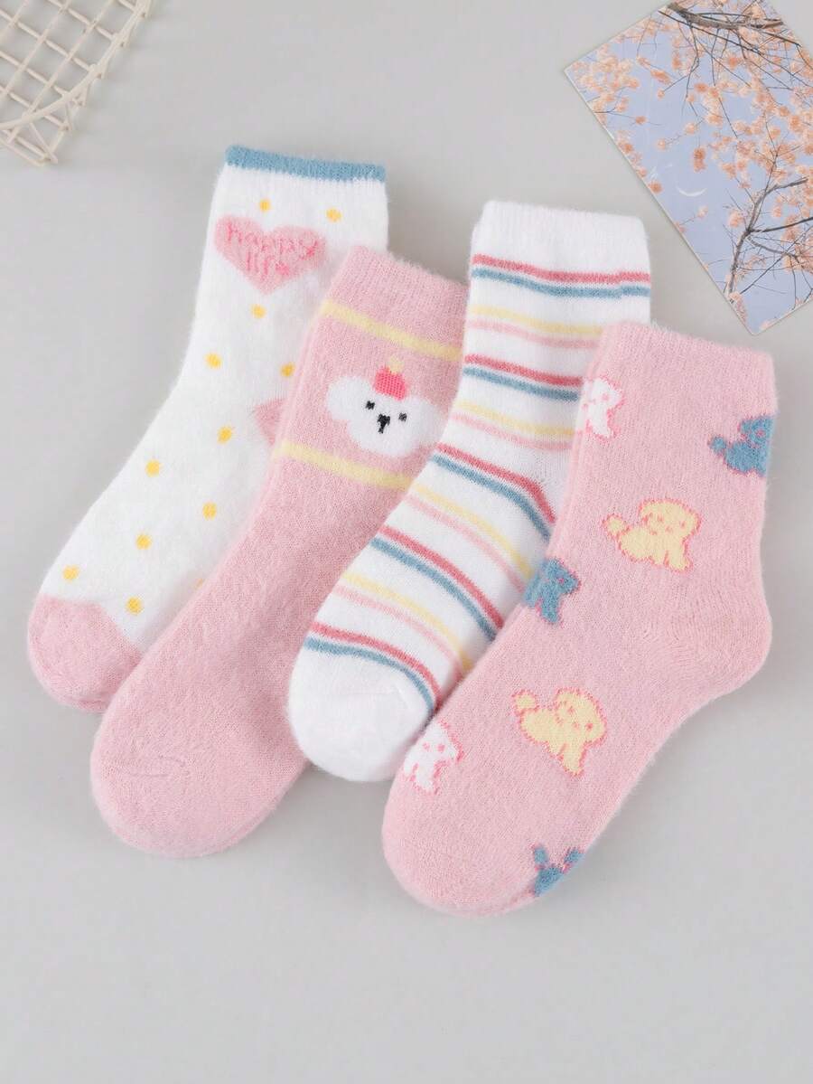 4雙女款秋冬仿貂毛可愛卡通圖案舒適保暖中筒襪 - 彩色 - 查看 1