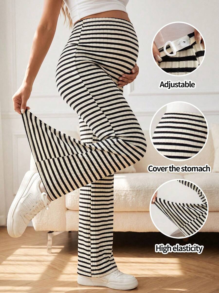 Maternity Plus Size High Waist Black & White Striped Knit Elastic Wide Leg Pants, High Waist Belly Support Comfortable Breathable, Suitable For Casual & Work Wear Spring - Black and White - View 1