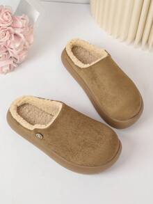 Sepatu bakiak musim dingin wanita model mule tanpa bagian belakang berbahan suede imitasi warna polos dengan lapisan bulu lembut. - Khaki - View 3