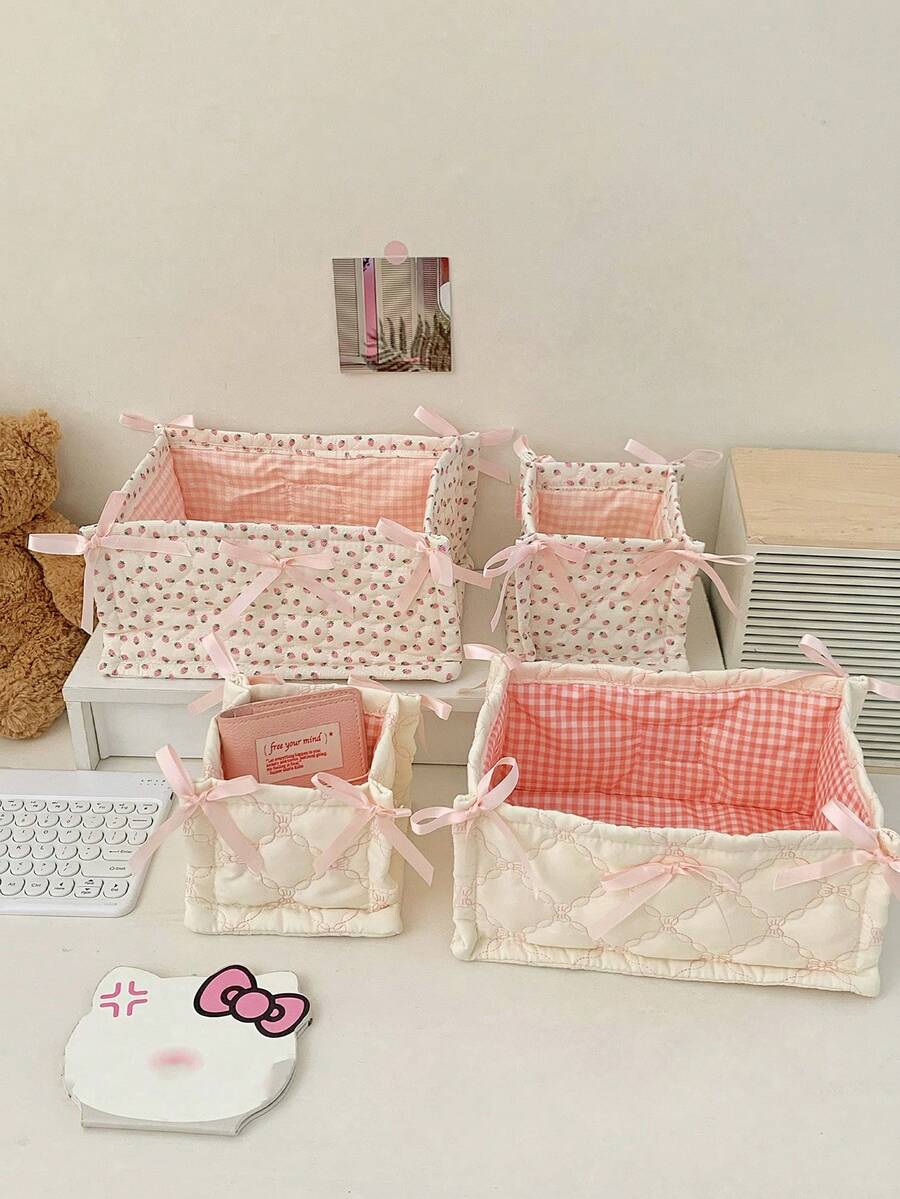 Quilted Storage Basket With Bow Decor, Fashionable Desktop Organizer Box, Large Capacity Floral Polka Dot Pattern Storage Bin, Suitable For Bedroom Vanity To Store Skincare Products And Miscellaneous Items, Foldable Home Storage Basket