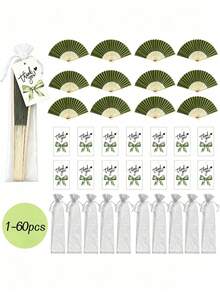 1/5/10pcs Elegant Green Wedding Folding Fan Set, Includes Tags And Gift Bags, Bride Bamboo Handheld Folding Fan, Suitable For Bridesmaid Gifts, Wedding Decor And Party Events, Perfect Summer Accessory - Multicolor - View 9