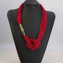1pc Fashionable Gold Tube Knotted Black Bead Multi-Layer Necklace, Bohemian Style - Burgundy - View 5