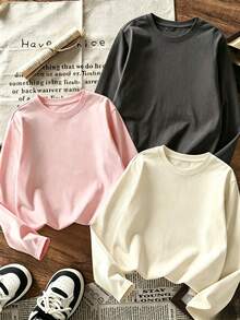 3pcs/Set Girls Basic Round Neck Long Sleeve T-Shirt, Soft Casual Solid Color T-Shirt, Children Spring Autumn Daily Wear - Multicolor - View 11