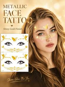 Metallic Gold Butterfly & Floral Face Tattoos For Women, Shiny Temporary Face Tattoo Stickers, Waterproof Festival Makeup Decals For Parties, Raves, Concerts, Halloween & Cosplay - Multicolor - View 7