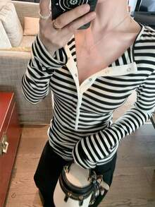 Women's Ribbed Slim Fit Half-Neck T-Shirt - Black and White Stripes - View 2