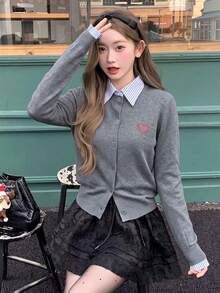 Women's 2-In-1 Striped Shirt & Knit Cardigan With Collar, Small Heart Embroidery, Slimming Thin Long Sleeve Jacket, Commuter Preppy Style - Grey - View 2