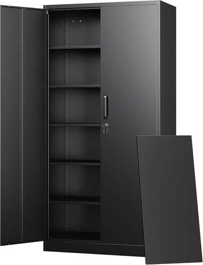 Black 71 Inch Tall Lockable Metal Storage Cabinet, Freestanding Powder Coated Alloy Steel Garage Locker Organizer With 2 Flat Panel Lock Doors, 5 Adjustable Shelves And Adjustable Feet, Heavy Duty Utility Tool Cabinet For Home Office Kitchen Warehous