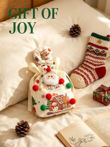 Christmas Drawstring Gift Bag, Xmas Santa Print Candy Goodie Pouch With Handle, Festive Present Wrapping Sack For Christmas Eve Party Favors, Lovely Holiday Treat Storage Bag For Gift Giving Celebration - Multicolor - View 7