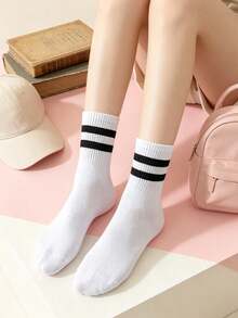 5 Pairs Women's Multi-Style White And Black Crew Socks, Suitable For Spring, Summer And Autumn, Fashionable Design, Lightweight Fabric, Comfortable Material, Suitable For Students' Daily Sports Or Casual Wear. 5/3/1 Pairs - Multicolor - View 3