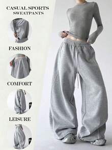 Women's New Fashion Colorblock Design Side Stripe Loose Wide Leg Sweatpants, Straight Leg Comfortable Casual Joggers With Drawstring Pockets, All-Season Wear, Versatile Slimming Dance Sweatpants - Grey - View 6