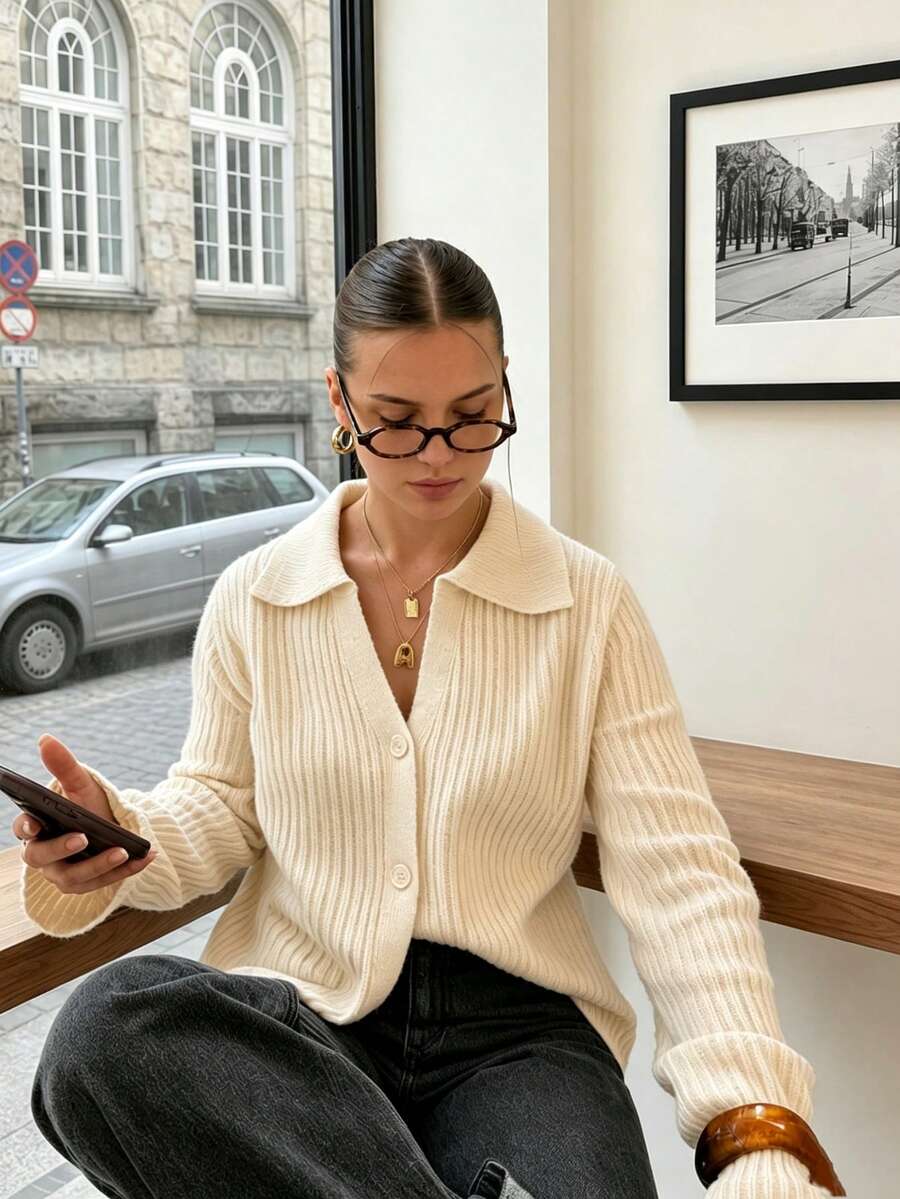 Women's Ribbed Knit Cardigan With Turn-Down Collar, Front Button Long Sleeve Loose Knit Top, Casual Commute Knit Sweater For Autumn/Winter - Apricot - View 1